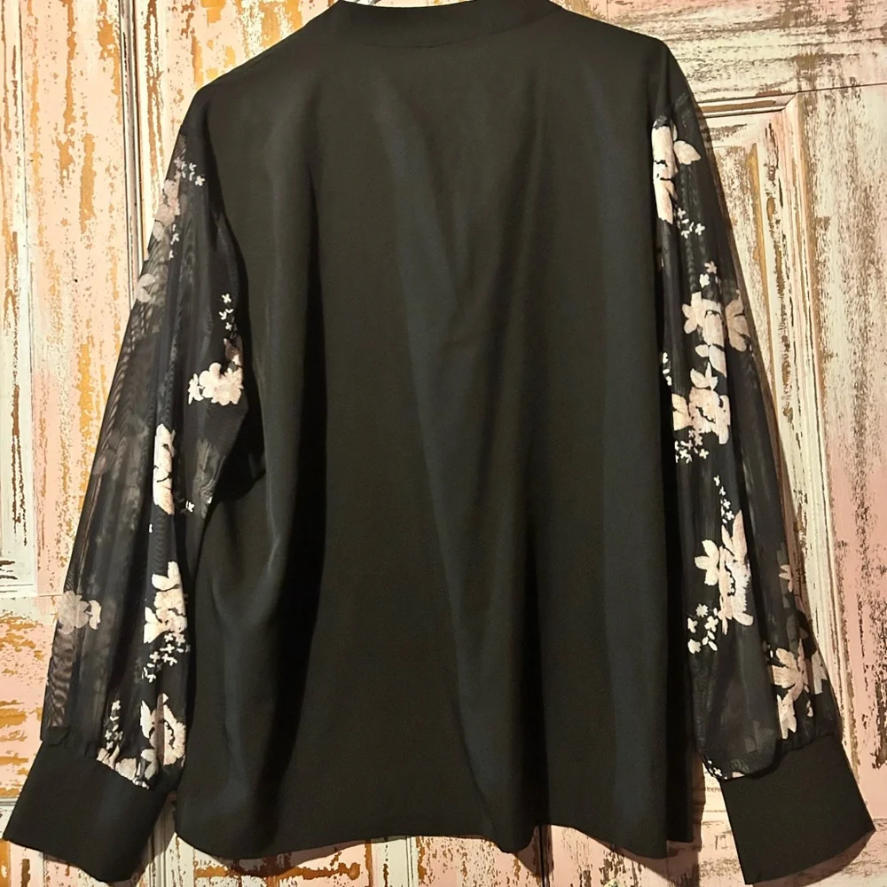 Women’s Black Blouse with Floral Sheer Sleeves